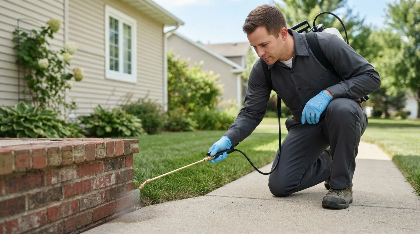 Pest control technician treating a home near Wapella, IL