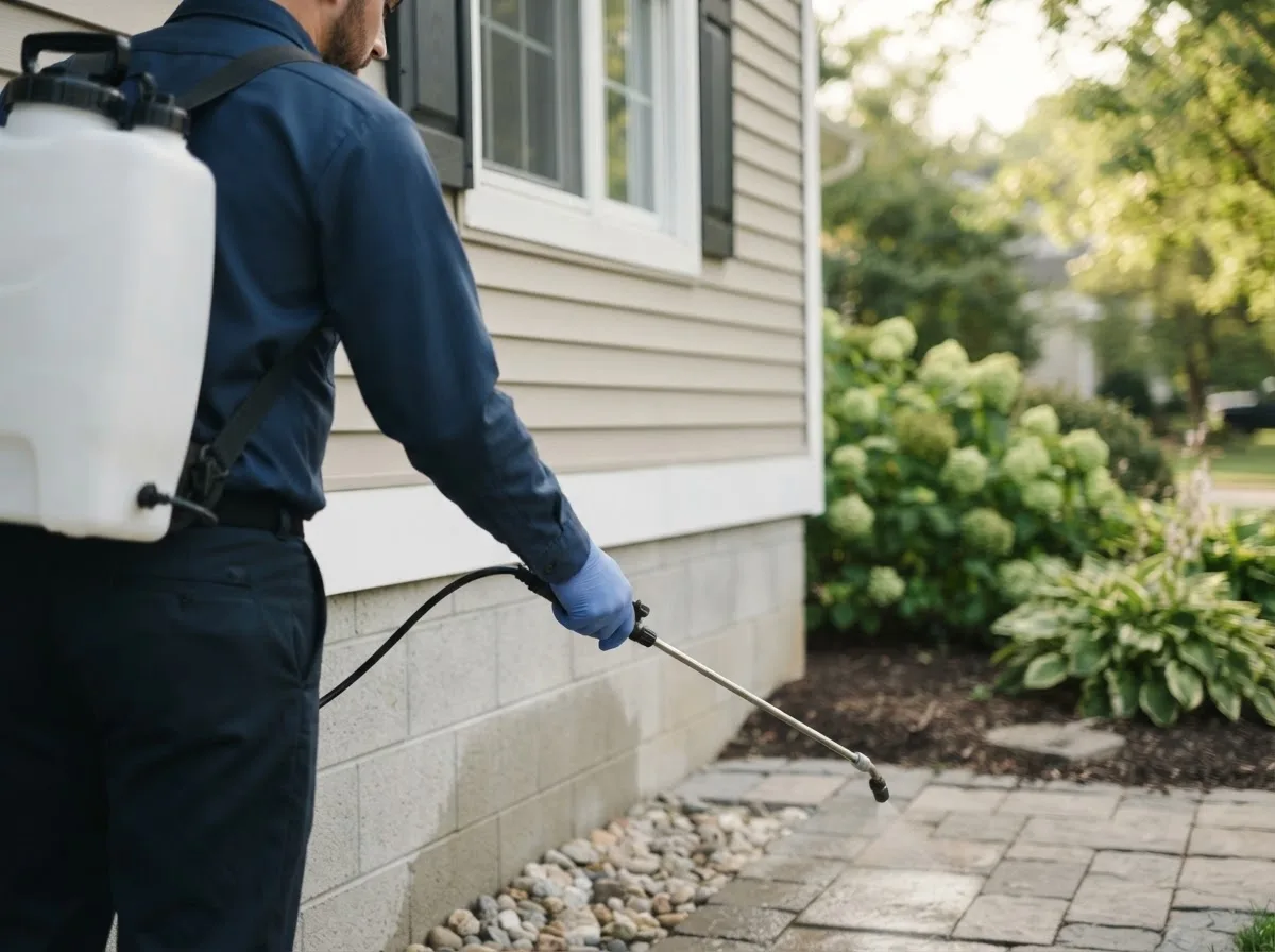 Pest control technician inspecting a home in Wapella, IL